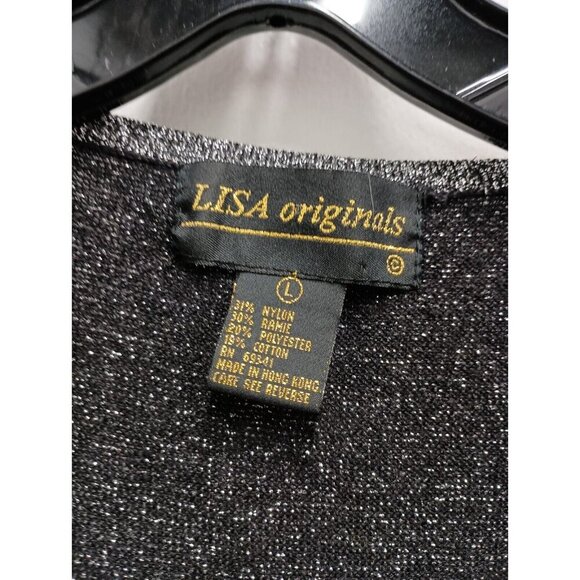 Lisa Originals Womens Cardigan Size Large Black Metallic Open Crochet Long Vest - Picture 2 of 7